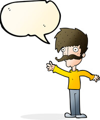 cartoon waving mustache man with speech bubble