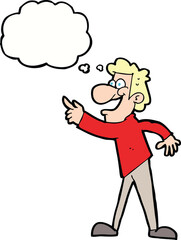 cartoon man pointing and laughing with thought bubble