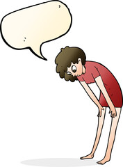 cartoon woman looking at her feet with speech bubble