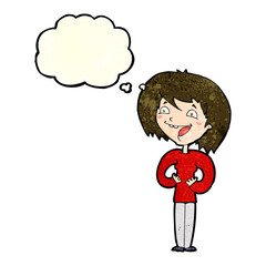 cartoon excited woman with thought bubble