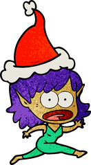 textured cartoon of a shocked elf girl wearing santa hat