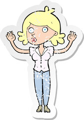 retro distressed sticker of a cartoon woman surrendering