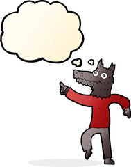 cartoon wolf man with thought bubble