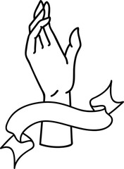 black linework tattoo with banner of a hand