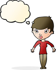 cartoon woman shrugging shoulders with thought bubble
