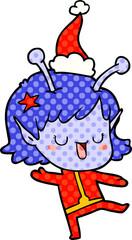 happy alien girl comic book style illustration of a wearing santa hat