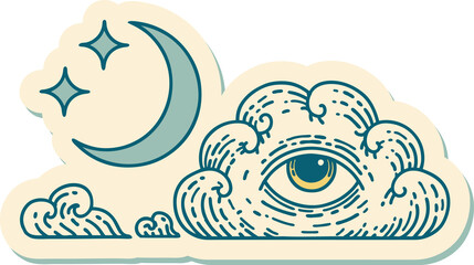 tattoo style sticker of a moon stars and cloud