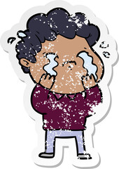 distressed sticker of a cartoon man crying