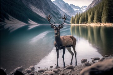Deer infront a Canadian Lake, generative AI