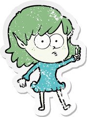 distressed sticker of a cartoon shocked elf girl