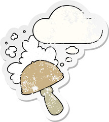 cartoon mushroom with spore cloud and thought bubble as a distressed worn sticker