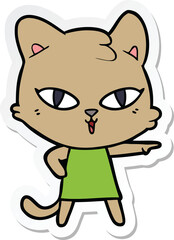sticker of a cartoon cat in dress pointing