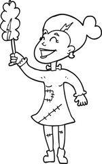 black and white cartoon undead monster lady cleaning