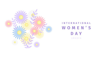 International women's day banner. Colored daisy flowers and leaves on white background