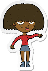 sticker of a cartoon smug woman making dismissive gesture