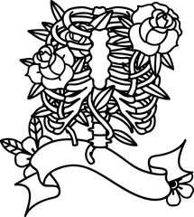 black linework tattoo with banner of a rib cage and flowers