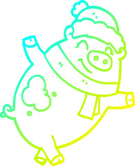 cold gradient line drawing cartoon pig wearing christmas hat