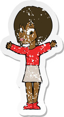 retro distressed sticker of a cartoon woman with open arms