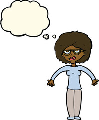 Obraz premium cartoon woman shrugging shoulders with thought bubble