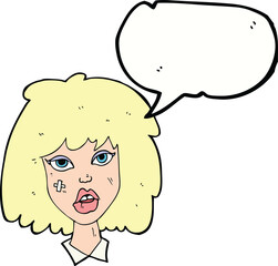 cartoon woman with bruised face with speech bubble