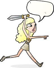 cartoon viking girl with sword with speech bubble