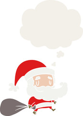 cartoon santa claus with sack and thought bubble in retro style