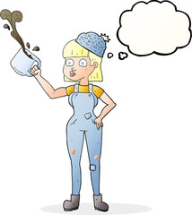 thought bubble cartoon female worker with coffee mug