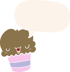cartoon cupcake and face and speech bubble in retro style