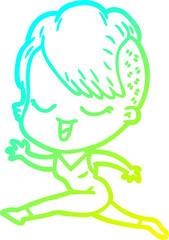 cold gradient line drawing happy cartoon girl running