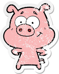 distressed sticker of a happy cartoon pig