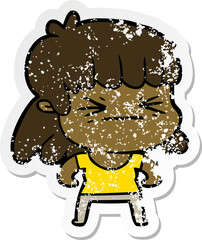 distressed sticker of a cartoon angry girl
