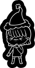 cartoon icon of a girl regretting a mistake wearing santa hat