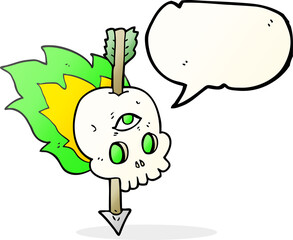 speech bubble cartoon magic skull with arrow through brain