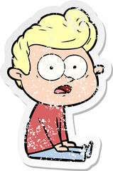 distressed sticker of a cartoon staring man