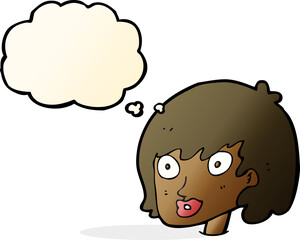 cartoon happy female face with thought bubble