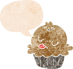cute cartoon pie and speech bubble in retro textured style