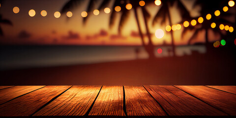 Empty wooden table top product display showcase stage. Tropical summer sunset beach bar background. Generative ai