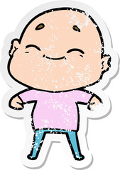 distressed sticker of a happy cartoon bald man