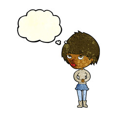 cartoon nervous woman with thought bubble