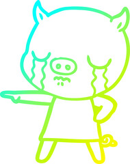 cold gradient line drawing cartoon pig crying pointing
