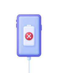 3D Battery and cross sign on Phone. low battery warning.