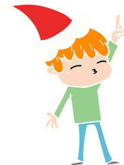 flat color illustration of a curious boy wearing santa hat