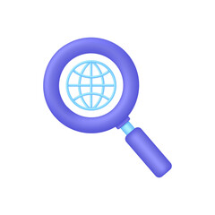 3D Globe hyperlink icon and magnifying glass. Search WWW sign. Web hosting technology. Browser search website page.