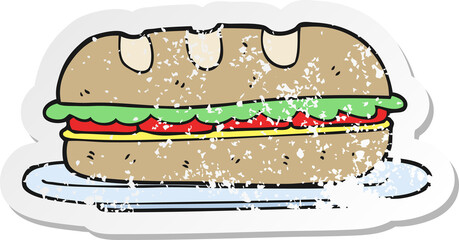 retro distressed sticker of a cartoon sub sandwich