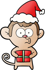 gradient cartoon of a christmas monkey wearing santa hat