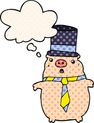cartoon business pig and thought bubble in comic book style