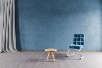 modern blue petrol colored home interior with wooden parquet floor and single design chair in front of large petrol colored wall; 3D Illustration