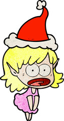 textured cartoon of a shocked elf girl wearing santa hat