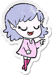 distressed sticker of a happy cartoon elf girl pointing