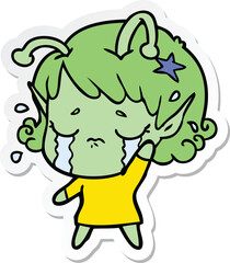 sticker of a cartoon crying alien girl